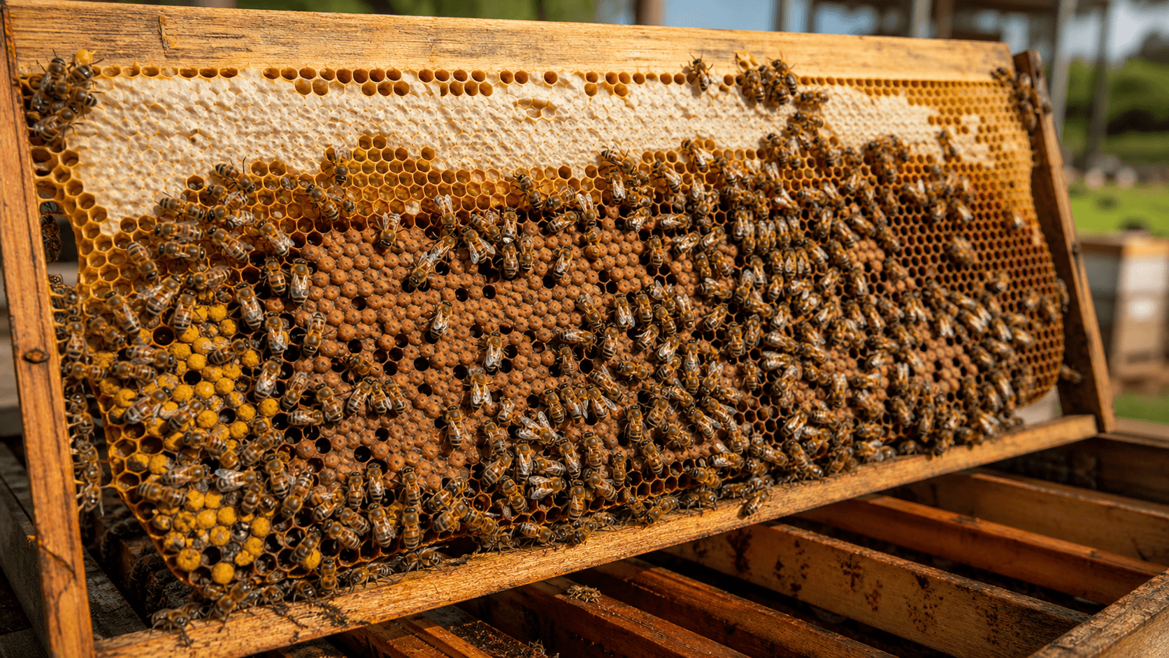 Open hive frame showing honey bees, capped honey, brood, and pollen stores