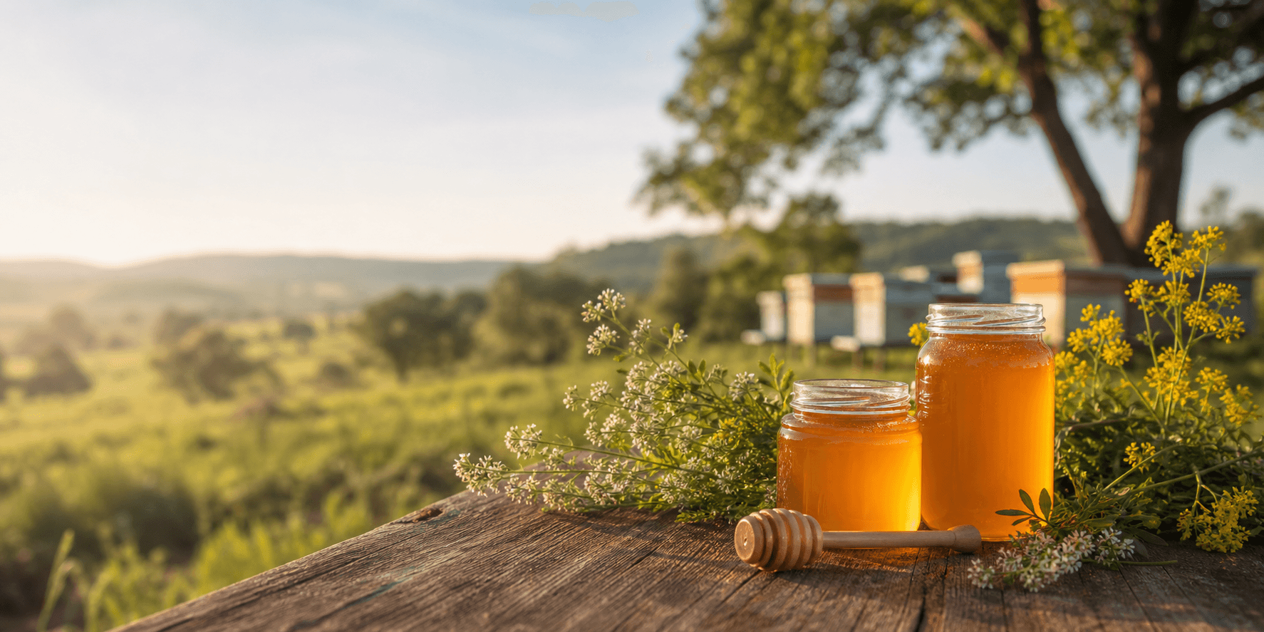 Raw honey jars near a rural apiary