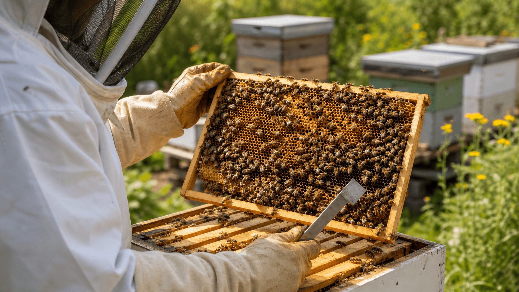 Beekeeper inspecting a hive
